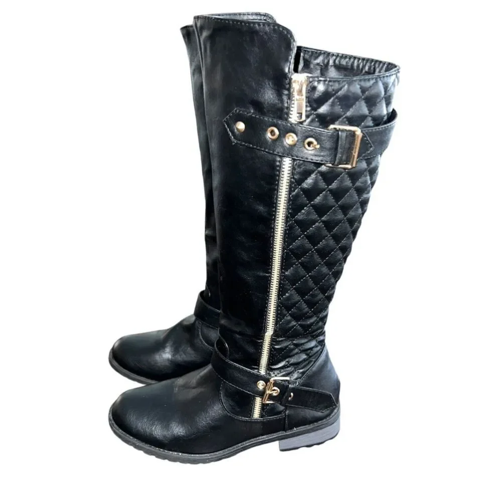 Cambridge Select Women's Riding Boots Black Block Heels Mid Calf Buckle Zip 7.5